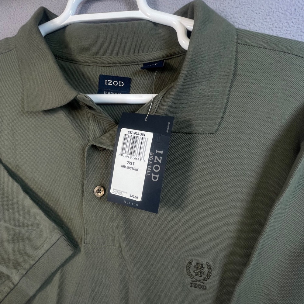 IZOD Polo Shirt Mens 2XLT Green Silk Wash Big & Tall Short Sleeve Pique Cotton
